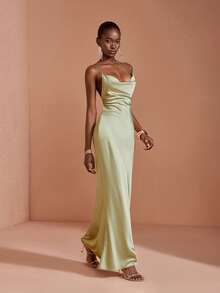 JIAN LASALA Elegant Sexy Satin Spaghetti Straps Drape Neck Sleeveless Mermaid Maxi Dress Wedding Party Sage Green Summer - Green - View 6