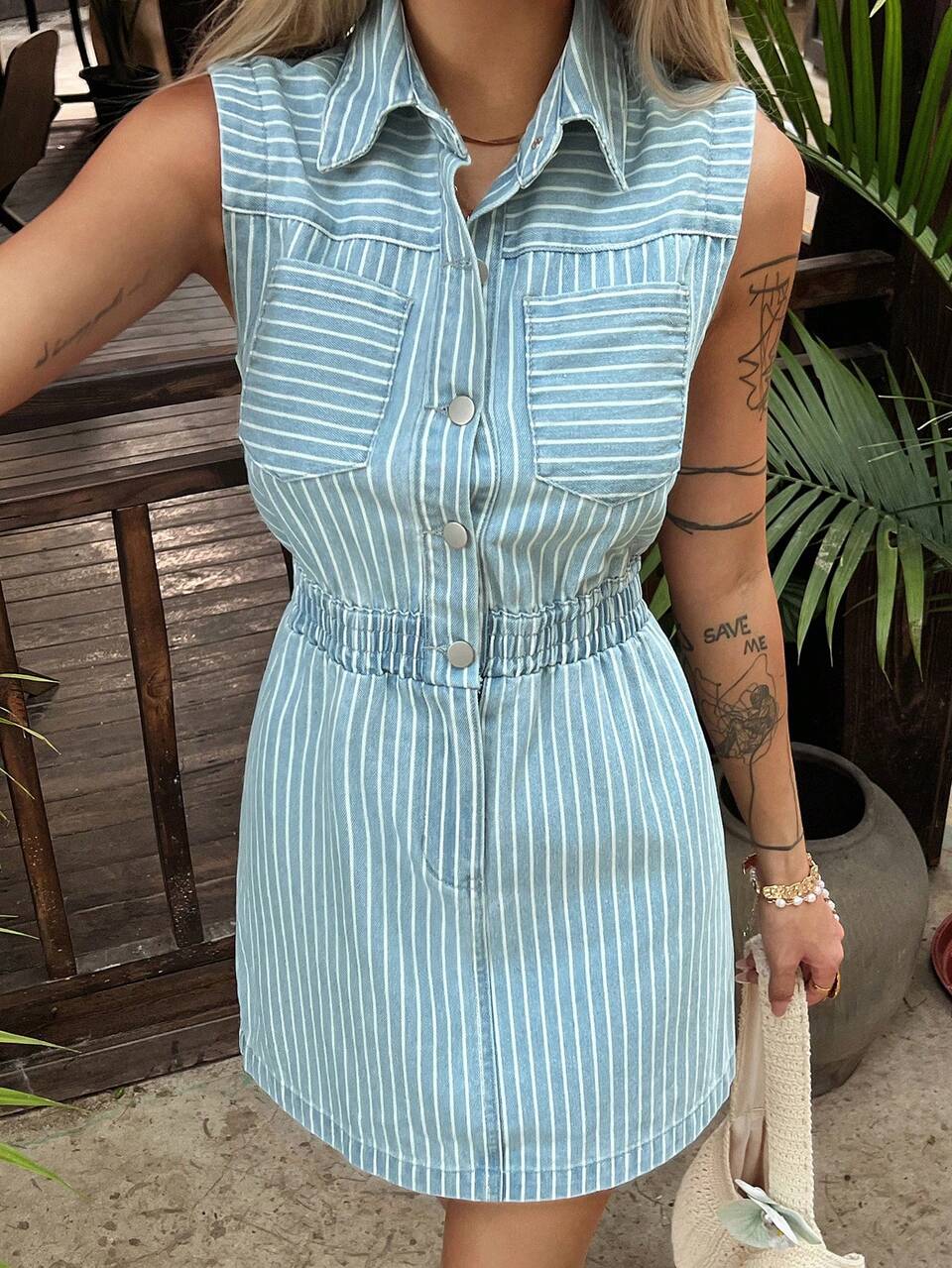 Women's Casual Striped Button Half-Placket Sleeveless Denim Dress, Summer