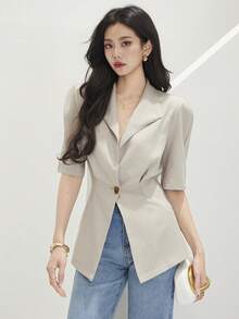 xheHeiryn Blazer casual delgado de unicolor de manga corta con un solo botón para mujerxhe - Caqui - Ver 10