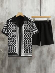 Manfinity CasualCool Bộ đồ nam thường ngày gồm áo sơ mi ngắn tay kẻ sọc hình học và quần short. - Nhiều màu - Xem 7