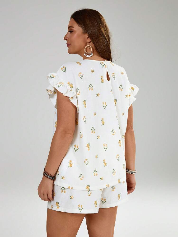 Plus Size Women All-Over Print Top And Shorts 2 Pieces Casual Outfit