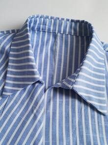 SHEIN Franclia Áo kiểu dáng ôm sát, cổ chữ V, eo chéo, sọc dọc xanh trắng, tay dài, phong cách thường ngày. - Màu xanh lam - Xem 6