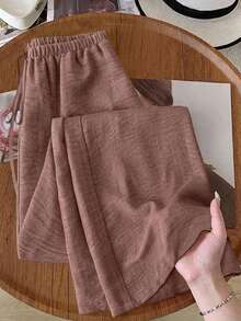 SHEIN RusticEase Pantalones casuales anchos de cintura con lazo de unicolor, pantalones de trabajo para mujeres, pantalones marrones, pantalones de verano para mujeres - Óxido marrón - Ver 1