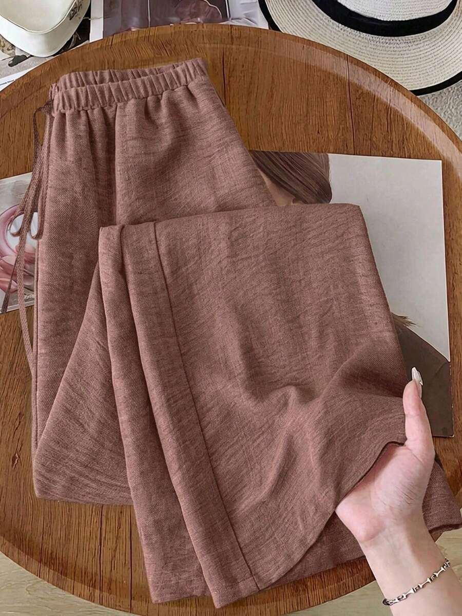SHEIN RusticEase Pantalones casuales anchos de cintura con lazo de unicolor, pantalones de trabajo para mujeres, pantalones marrones, pantalones de verano para mujeres - Óxido marrón - Ver 1