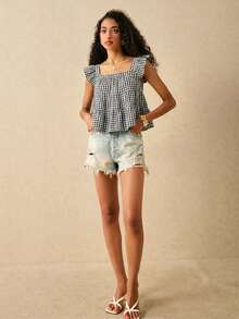 SHEIN Frenchy 女士休闲格子多层荷叶边衬衫，夏季女装 - 彩色 - 查看 4