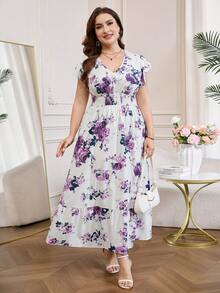 Reflora Đầm dự tiệc cổ chữ V in hoa dành cho nữ cỡ lớn - Màu tím - Xem 7