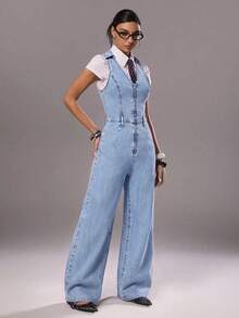SHEIN TRNDY Bộ jumpsuit denim cổ chữ V dáng thường ngày dành cho nữ - Rửa nhẹ - Xem 9
