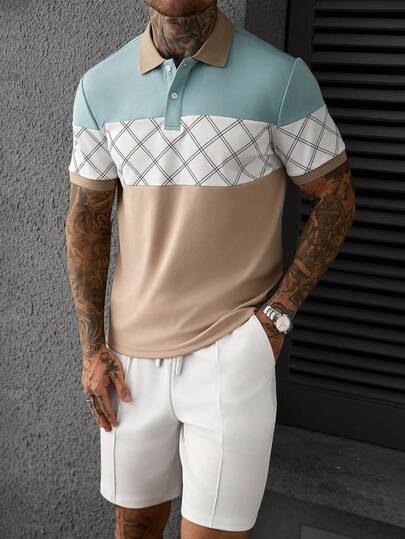 Manfinity CasualCool 男士几何印花短袖 Polo 衫和短裤休闲套装
