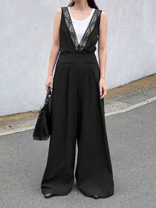 Bộ jumpsuit nữ không tay phối ren, có dây rút eo và ống rộng. - màu đen - Xem 3