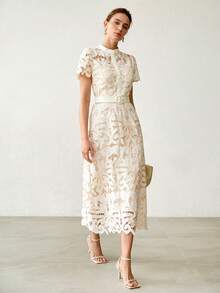 MOTF PREMIUM ELEGANT & FASHIONABLE WOMEN'S BELTED HOLLOW OUT MID-LENGTH DRESS - Apricot - View 7