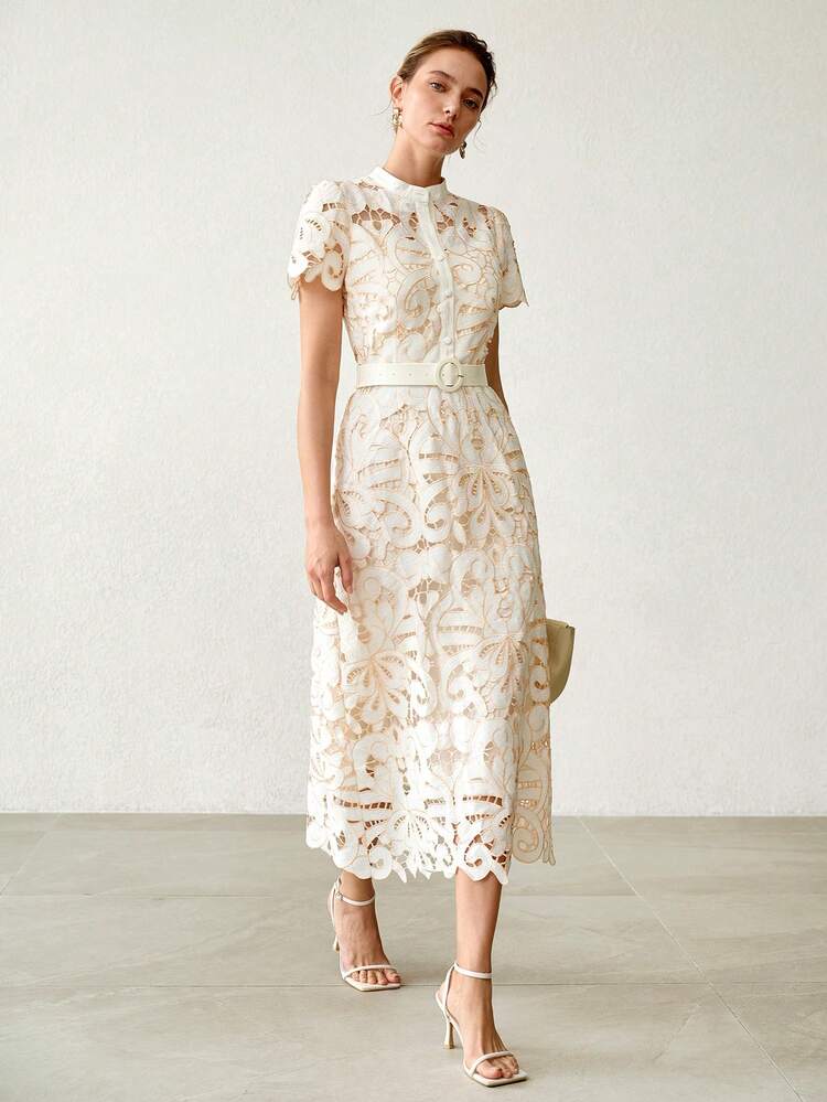 ELEGANT & FASHIONABLE WOMEN'S BELTED HOLLOW OUT MID-LENGTH DRESS