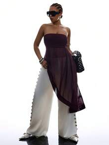 SHEIN EZwear Plus Size Women Summer Elegant 70's Solid Color Sheer Patchwork Asymmetric Hem Tube Top Party Dark Purple - Burgundy - View 3