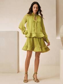 Đầm dài tay dáng chữ A, chất liệu chiffon, thiết kế mùa hè của Anewsta, kiểu dáng thanh lịch hiện đại, viền bèo nhún, chất liệu thanh lịch dành cho nữ. - màu xanh lá - Xem 8