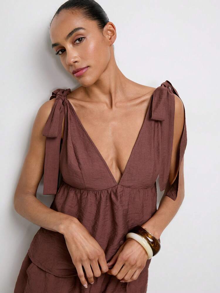 SHEIN Maija レディース バケーション カジュアル 無地 タイストラップ ノースリーブ トップス ショーツ 2点セット