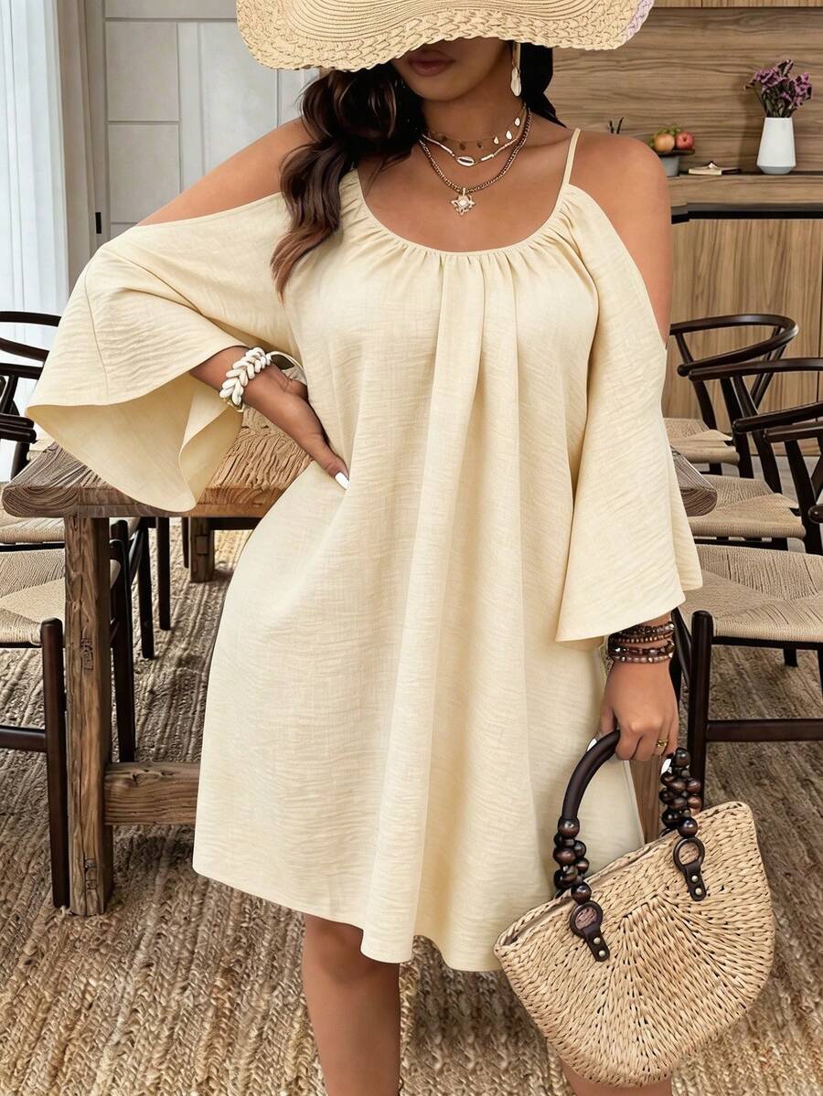 Weeklong Plus Size Round Neck Ruched Pleated Split Flare 3/4 Sleeve Casual A-Line Dress - Apricot - View 1