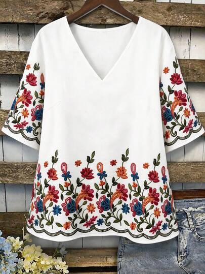 SHEIN EMERY ROSE CURVE Áo sơ mi cổ chữ V in họa tiết cỡ lớn dành cho kỳ nghỉ