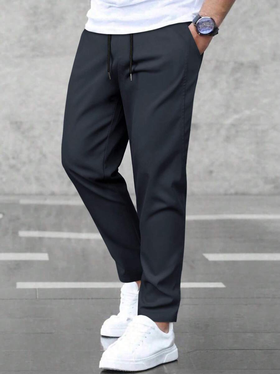 Manfinity Homme 男士秋季纯色抽绳腰裤 - 藏蓝色 - 查看 1