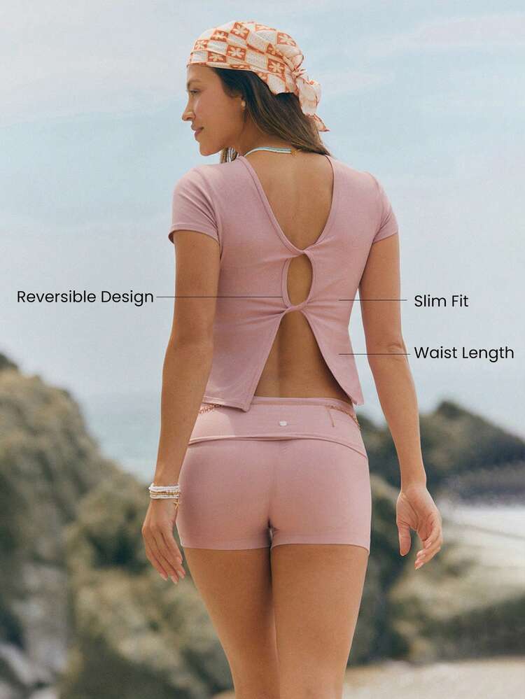CloudKnit DuoFlow Slim Fit Waist Length Soft Stretchy Reversible Ribbed Flutter Sleeve Cutout Design Front Back Wear Top Summer Daily Casual Wear