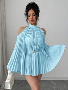 Elenzya Blusa elegante de mujer para vacaciones y viajes con cintura definida, manga acampanada de largo medio y cinturón - Celeste - Ver 6
