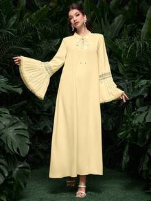 SHEIN Najma Đầm kiểu Ả Rập thanh lịch với ren hoa xếp ly, khoét rỗng và cổ áo thắt nơ đính hạt. - Màu vàng - Xem 8