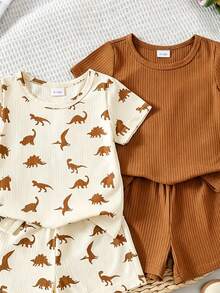 SHEIN Playful Pals 6pcs/Set Newborn Baby Boy Basic Round Neck Elastic Waist Cute Animal Print & Striped Short Sleeve T-Shirt And Shorts Set, Summer - Brown - View 7
