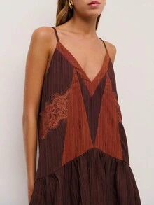 Brown Slip Dress With Contrasting Panels, Lace Accents, And A Flared Hem With Adjustable Straps On Back. Event, Festival, Spring, Summer, Woman. - Brown - View 3