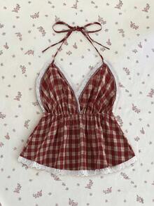 Sweetra Plus Size Women Summer Casual Sweet Vacation Style Printed Contrast Lace Trim Drawstring Waist Babydoll Halter Top - Red - View 2