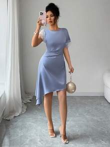 SHEIN Raffinéa Đầm satin mùa hè thanh lịch, ngọt ngào màu xám xanh phối ren, eo thắt lệch vạt, thích hợp cho các buổi hẹn hò, dành cho nữ. - Xám Xanh - Xem 4