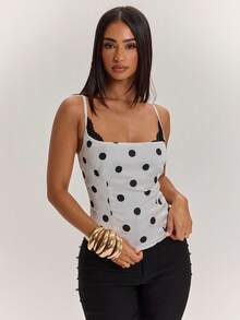 SHEIN BAE Women's Elegant And Casual Polka Dot Lace-Trimmed Camisole Top For Spring Summer, Corset, Women, Breaks , Valentine's Day, Party - Black and White - View 6