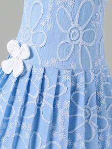 SHEIN Elladie kids 少女彼得潘领3D立体花卉装饰褶皱时尚连衣裙，适合外出、度假、家庭聚会、生日派对等场合 - 藍色 - 查看 5
