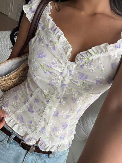 CovetEZ Women's Casual Floral Ruffle Trim Single-Breasted Shirt, Purple,Summer Top