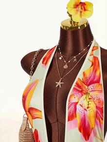 Women's Sexy Floral Print Deep V-Neck Halter Backless Bodysuit, Summer Vacation - Yellow - View 5