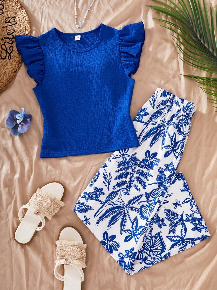 2pcs/Set Tween GirlsKnitted Textured Round Neck Puff Sleeve Top And Printed Straight Leg Pants Set, Casual Vacation Style, Suitable For Spring/Summer Daily Wear And Vacation - Blue - View 1