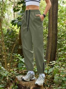 Exploreva 女士纯色抽绳腰休闲百搭日常户外长裤 - 軍綠色 - 查看 1
