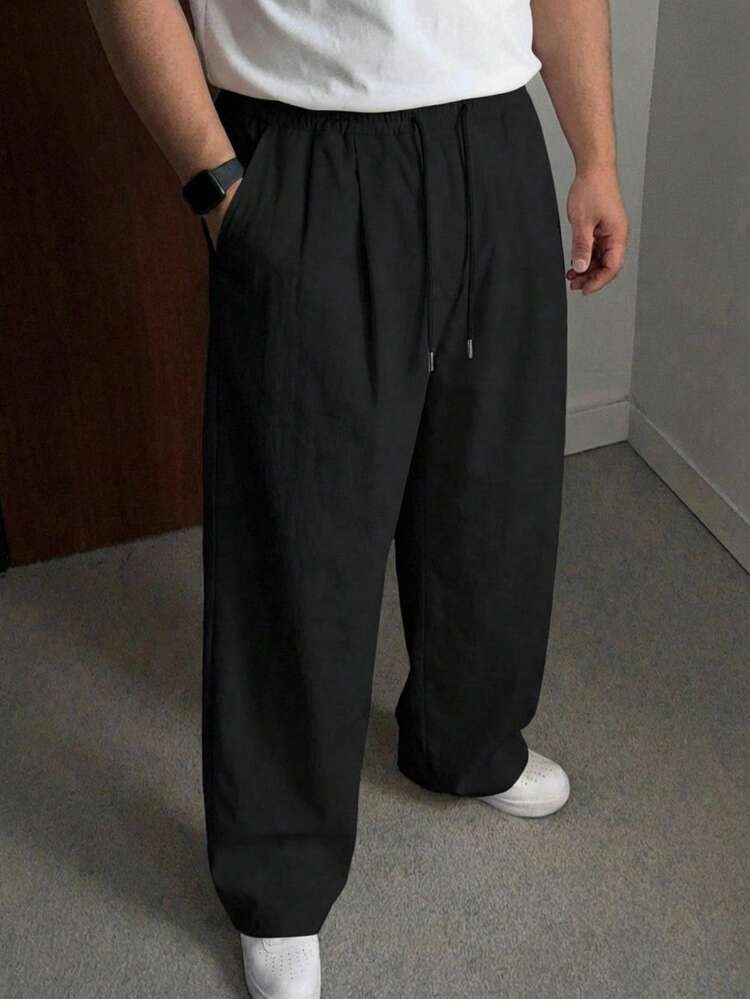 Long Black Solid Color Loose Elastic Waist Plus Size Pants For Men