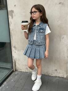 SHEIN 2pcs Girls' Light Blue Denim Ripped Vest & Pleated Skirt Set,Back-To-School Y2K Style Cotton Distressed Cropped Fit,Music Festivals Parties Vacation - Light Wash - View 4