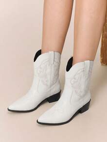 Styleloop Giày nữ thời trang cổ điển phương Tây gót dày gợi cảm mũi nhọn đế dày kiểu slip-on da PU thêu họa tiết lễ hội - Màu trắng 1 - Xem 5