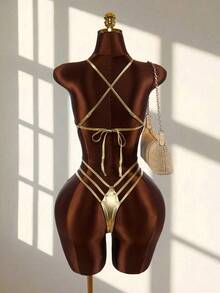 1pc Women's Sexy Backless Halter Monokini Swimsuit With Steel Rings, Suitable For Vacation And Daily Wear - Gold - View 3