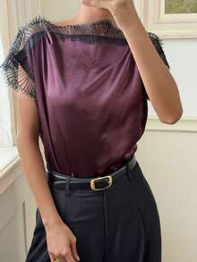 DAZY Áo sơ mi satin không tay phối ren dành cho nữ - màu nâu - Xem 5