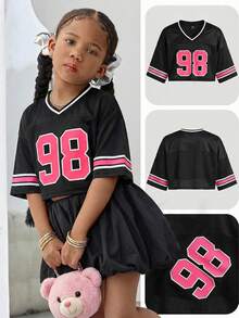 Young Girl Fashionable Street Style Loose V-Neck Short Sleeve Knit Top, Spring/Summer - Black - View 1