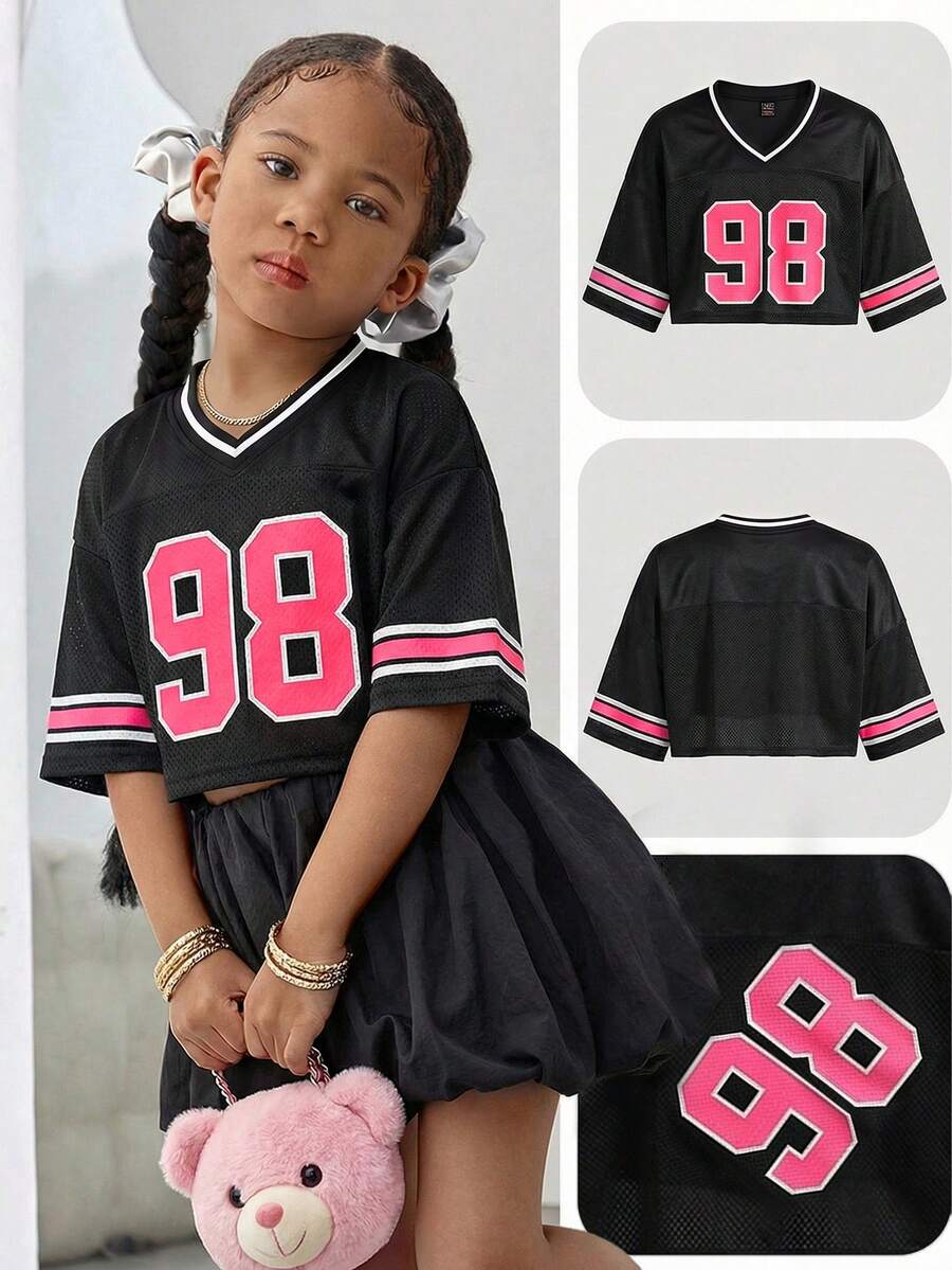 Young Girl Fashionable Street Style Loose V-Neck Short Sleeve Knit Top, Spring/Summer - Black - View 1