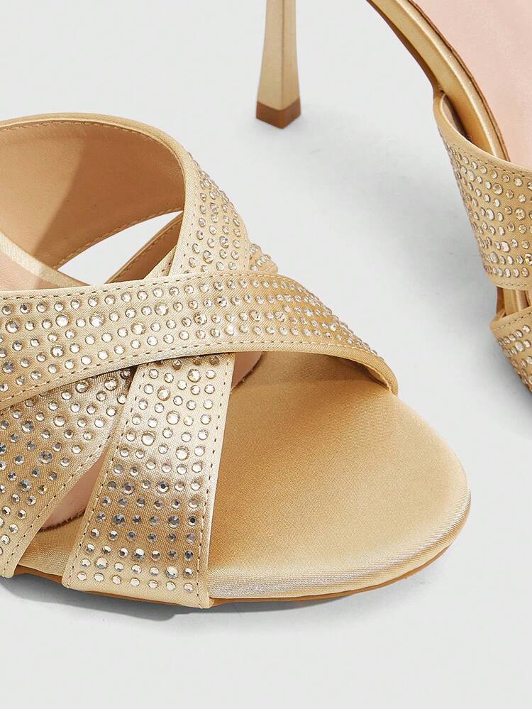 CUCCOO SZL Women's Fashion Round Toe Satin Rhinestones Sparkling Evening Wear Wedding Lightweight Daily Commute Party Style Outdoor Slip-On Stiletto High Heels Sandals