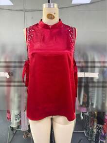 SHEIN Franclia Camisa sin mangas con corbata de moño de satén, cuello alto, con rhinestones - Rojo - Ver 1