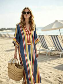Omancia Robe femme élégante, mode, décontractée, confortable, charmante, rétro, minimaliste, Top de gamme, romantique, vacances, station balnéaire, décontractée, bord de mer, mi-longue, col V, ample, fendue, imprimé rayé coloré, texture - Multicolore - Voir 6