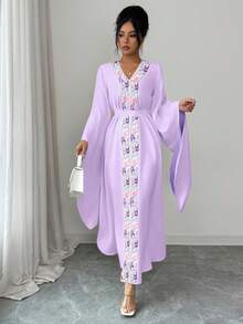 Elenzga Women's V-Neck Embroidered Waist Flared Sleeve Elegant Middle Eastern Style Dress - Mauve Purple - View 8
