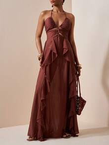 Zivah Đầm dự tiệc đi biển năm 2026, kiểu dáng thanh lịch, phong cách Bohemian, chất liệu chiffon mỏng, màu nâu, dây mảnh, viền bèo nhún, đầm hai dây, đầm buộc dây phía trước, đầm hai dây, đầm dài chiffon, đầm phong cách Bohemian, đầm đi nghỉ mát. - màu nâu - Xem 7