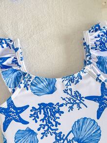 SHEIN Holiday Baby Girls One-Piece Swimsuit,Vintage Cute Colorful Shell Starfish Pattern Camisole Swimwear,Tropical Beach Vacation Photo Shoot Matching - Blue - View 6