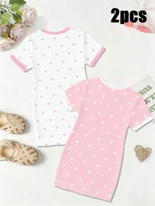 Elladie kids 2件套女童春夏秋季休闲时尚创意可爱爱心印花短袖T恤裙，舒适日常穿着，适合春、夏、秋季穿着。 - 彩色 - 查看 3