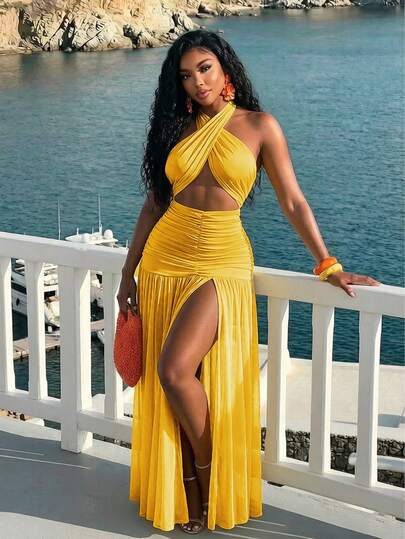 BamGleam Women's Extra Long Dragging Neck Mesh Ruched Backless Dress