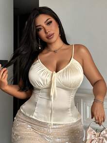 Dazy Plus Plus Size Women's Romantic French Style Ruffle Drawstring Satin Camisole Top, Spring/Summer - Beige - View 5